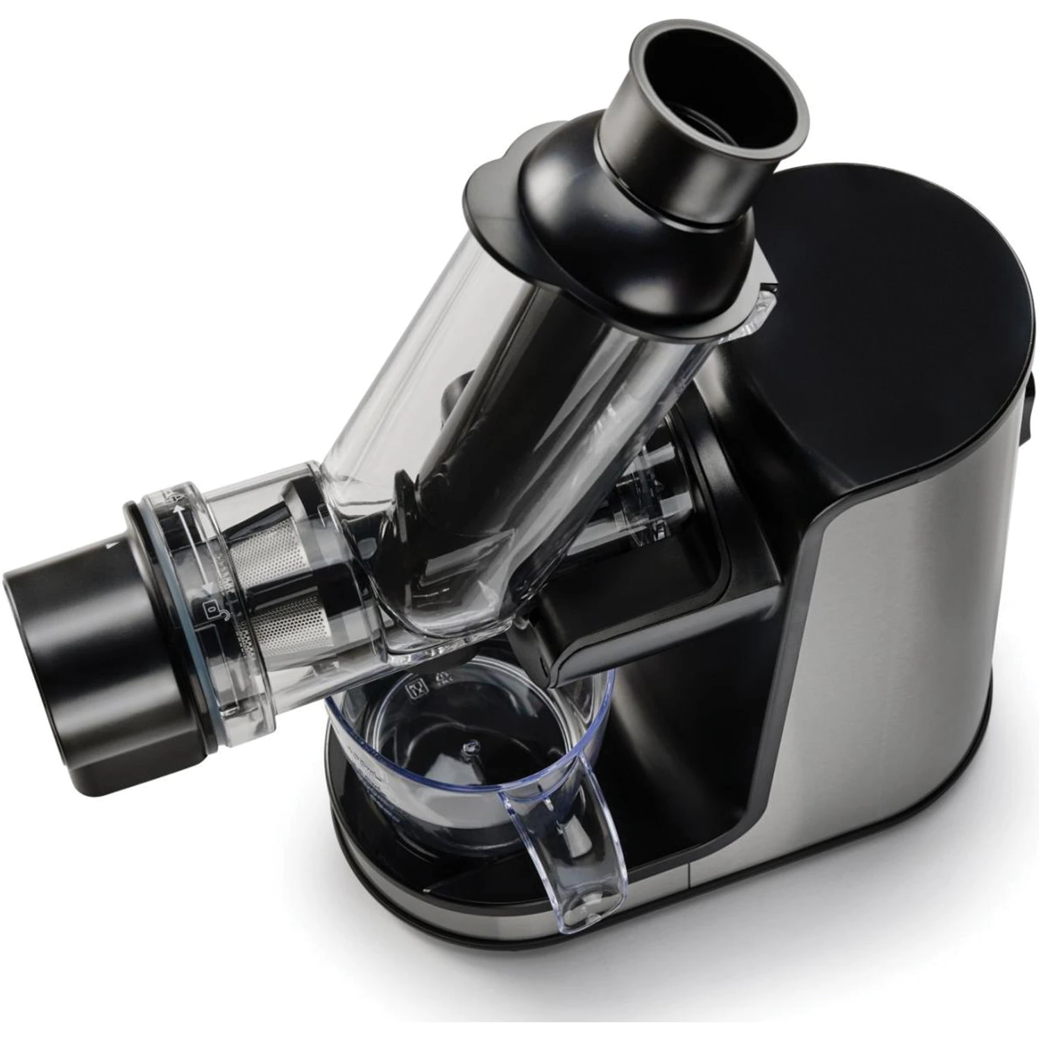 Sokovnik sa posudama za sok i odstranjenu pulpu sa sistemom protiv kapanja.