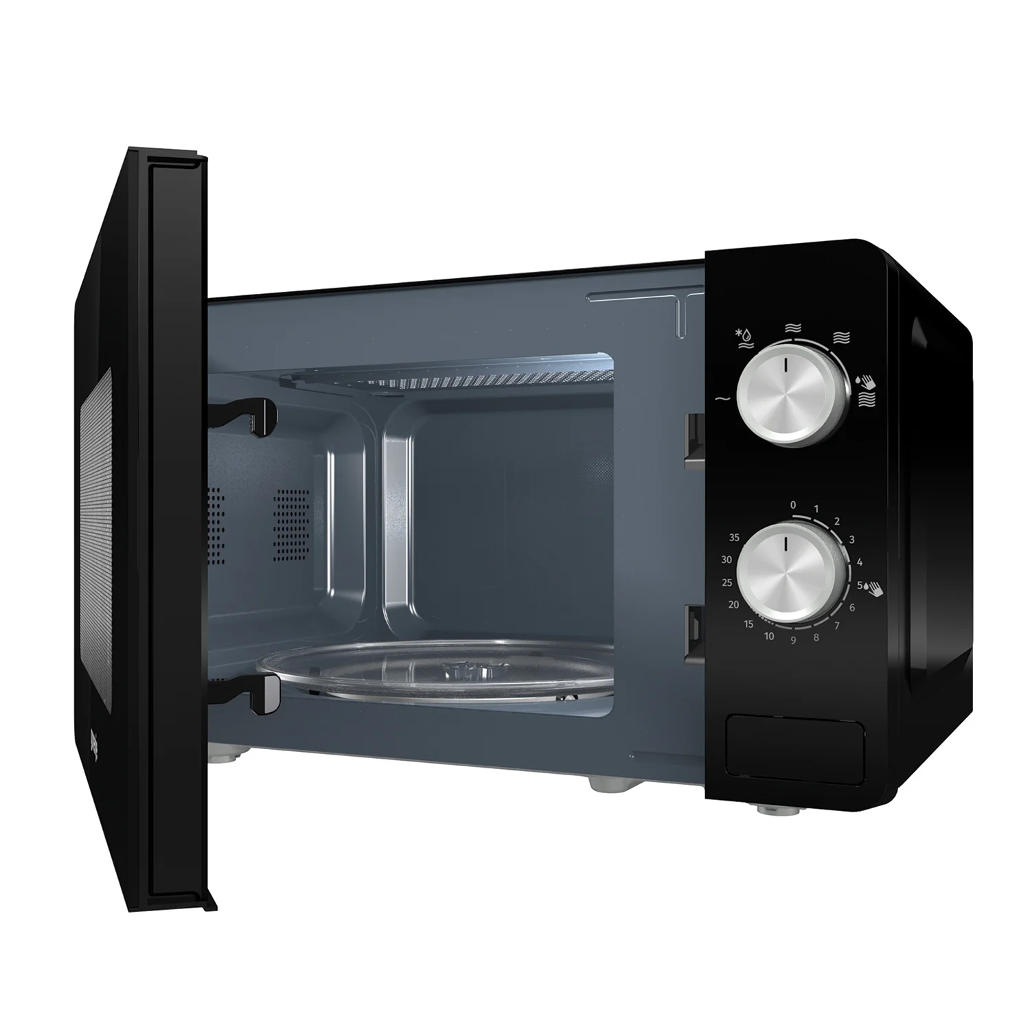 Samostojeća mikrovalna pećnica Gorenje sa otvorenim vratima, crna