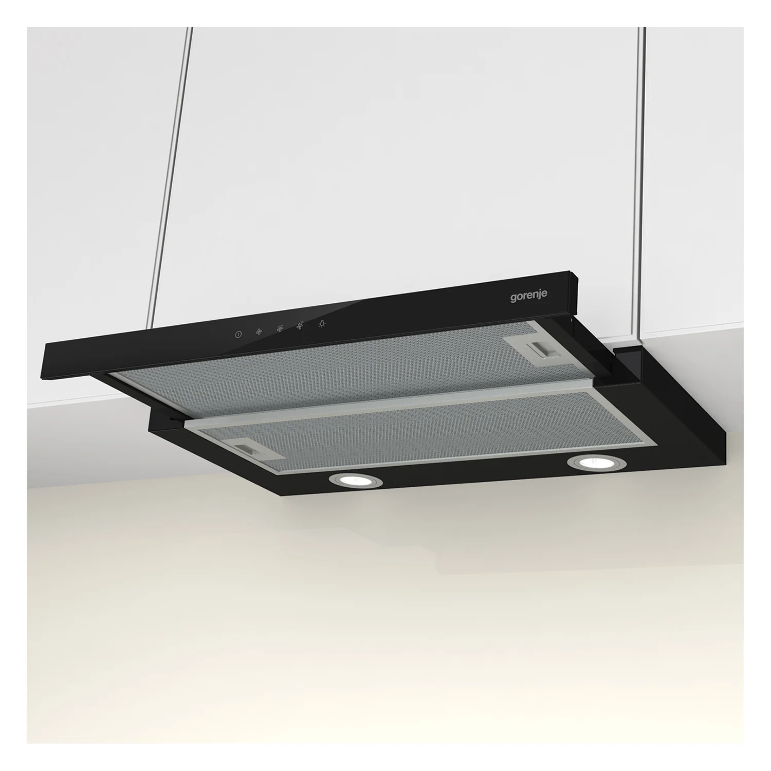 Ugradbena teleskopska kuhinjska napa sa mogućnošću rada u odvodnom i recirkulacijskom modu.