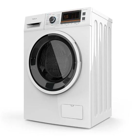 Bočna i prednja strana kombinovane mašine za veš sa crnim vratima Tesla, bijela