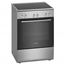 Sivi električni štednjak sa ravnom, staklokeramičkom pločom.