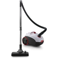 Bijeli usisivač sa vrećicom sa velikim dometom kabla i cijevi.