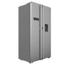 Bočna i prednja strana side by side frižidera sa točilicom za vodu Tesla, sivi